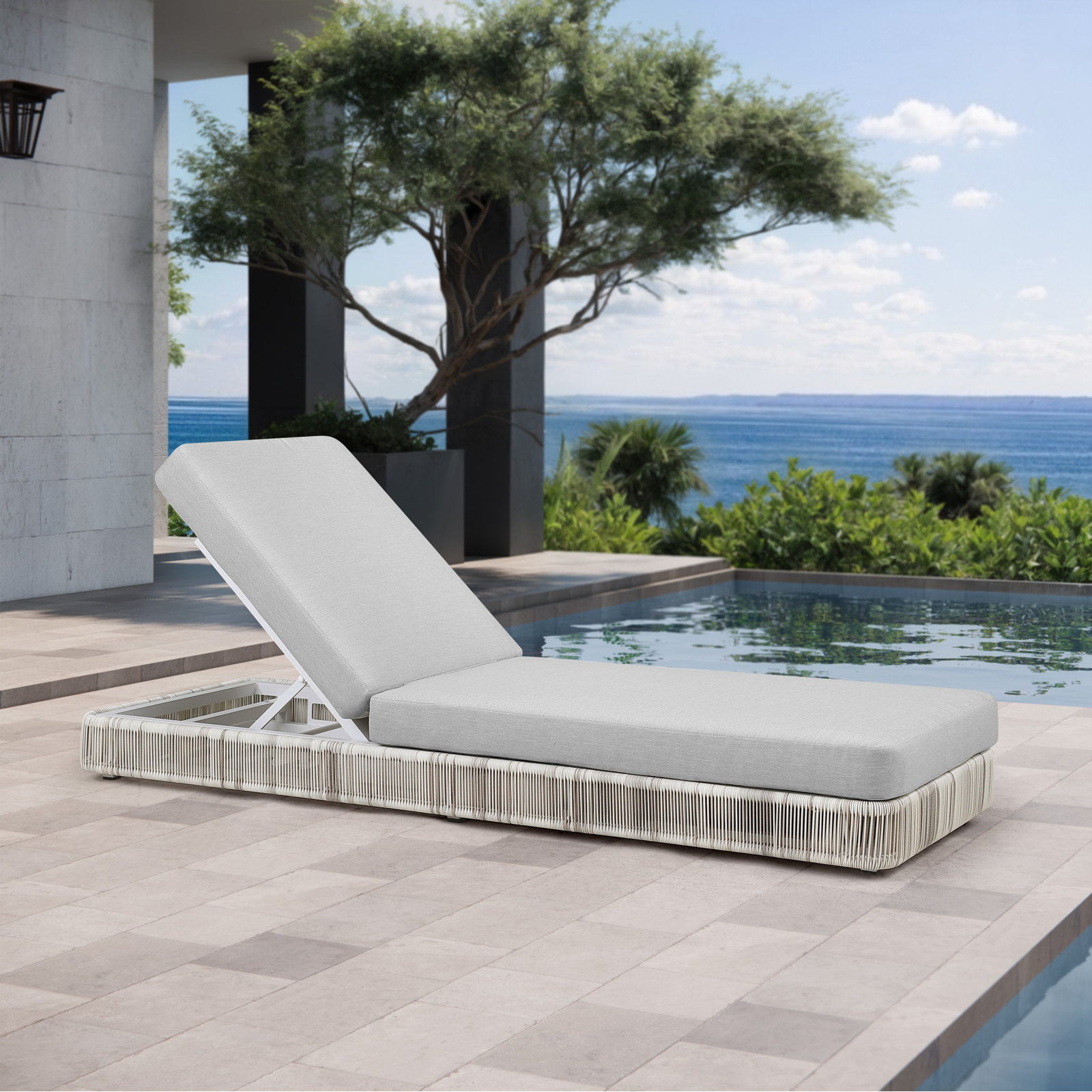 Poveromo Outdoor Metal Chaise Lounge, Ivory Driftwood