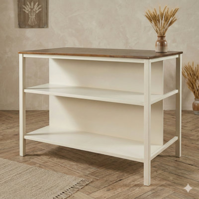 Îlot de cuisine 45 po en bois d'hévéa massif, comprenant 2 tablettes ouvertes, idéal pour les petits espaces, noyer et blanc crème