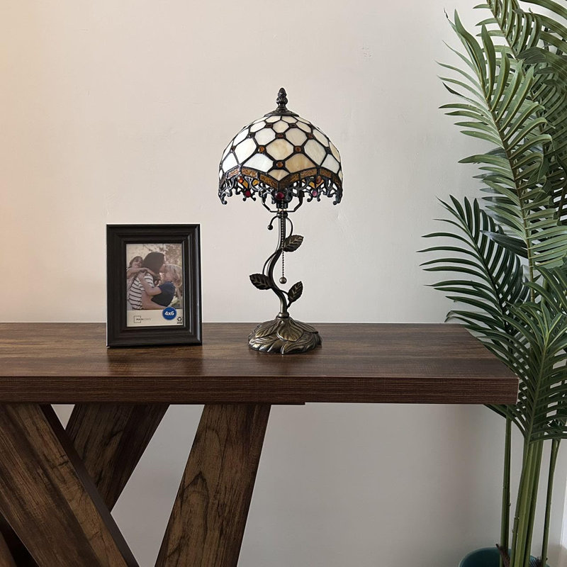 Beige Stained Glass Table Lamp with Bronze Resin Base