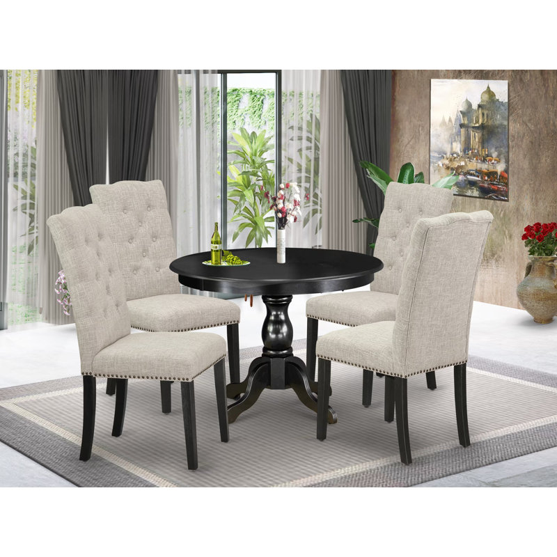 5 Piece Kitchen Table & Chairs Set Includes a Round Dining Room Table with Pedestal and 4 Doeskin Linen Fabric Upholstered Chairs, Wire brushed Black
