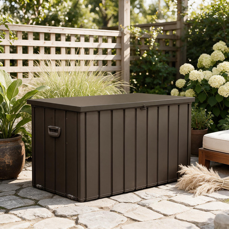 Boîte de rangement extérieure 200 gallons imperméable, H 33,1 po x l 54,3 po x P 29,2 po, Marron foncé