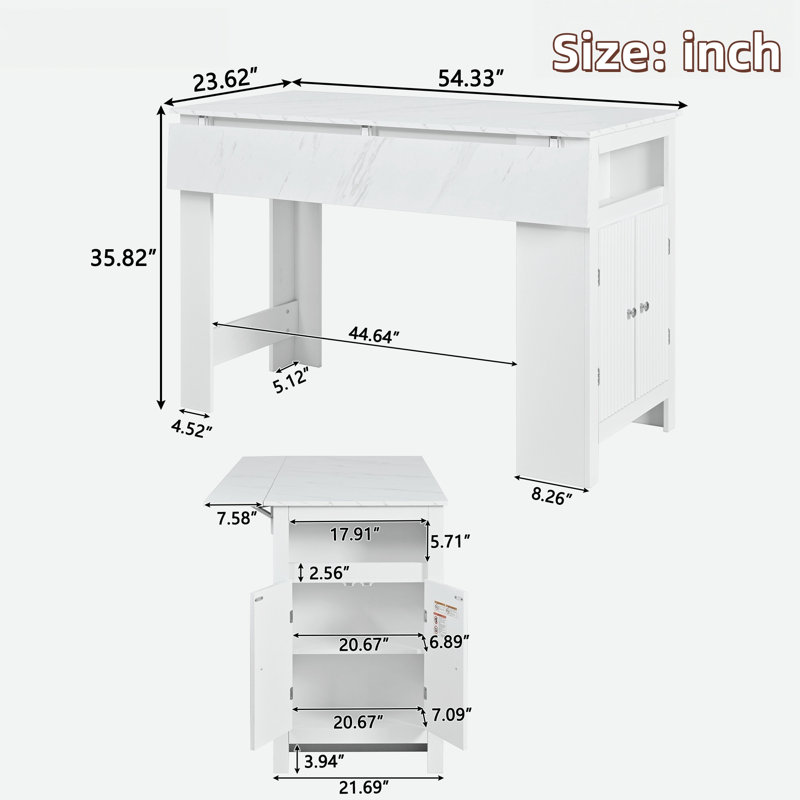 3-in-1 Dining Table with Foldable Tabletop, Enclosed Cabinet, Adjustable Shelf, Open Compartment and Side Hooks, White