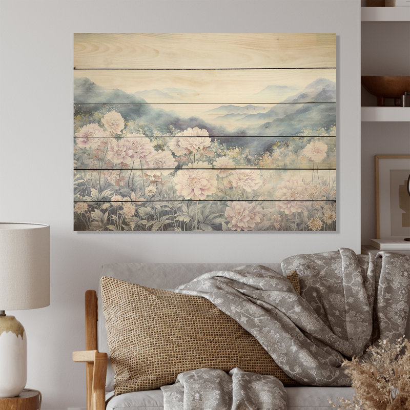 «Mums Flowers In Mountain Scenery I» - Fleurs, art mural sur bois de pin naturel, H 10 po x l 20 po