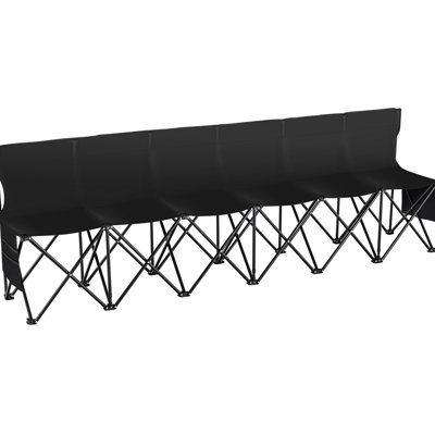 Banc de camping pliant 6 places avec sac de transport, siège confortable, poches latérales, tissu 600D et structure métallique stable pour événements.