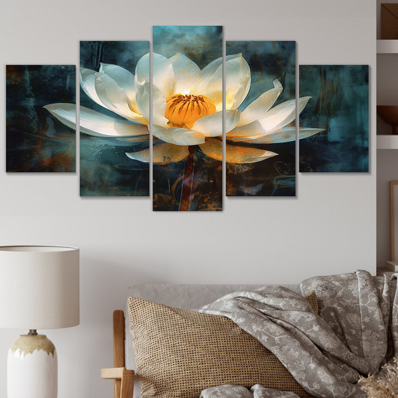 Lotus blanc rétro sur fond grunge - décoration murale lotus - 5 panneaux