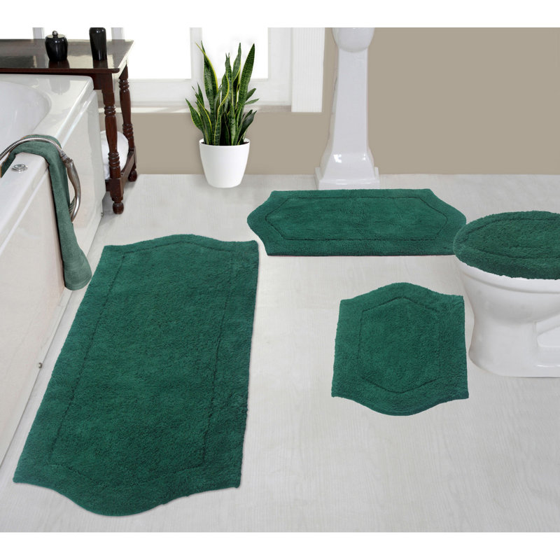 Delean 100% Cotton Bath Rug, Non-Slip, Quick Dry, Machine Washable, Absorbent - 4 Piece Set, Forest Green