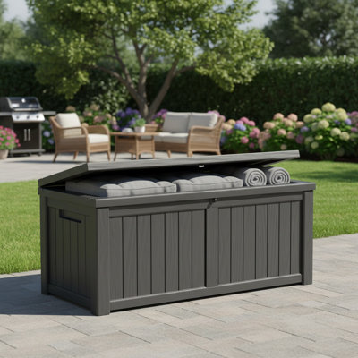 Boîte de rangement extérieure de 150 gallons, boîte de terrasse en résine résistante aux intempéries avec grain de bois, bac de patio verrouillable pour outils de jardin, fournitures de piscine, coussins de meubles et jouets d'extérieur