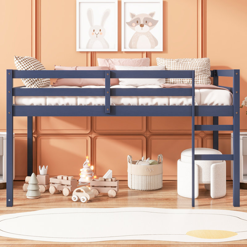 Solid Wood Twin Loft Bed with Ladder, Strengthened Slats Platform, Blue, Space-Saving Kids & Teen Bedroom Bed, Blue