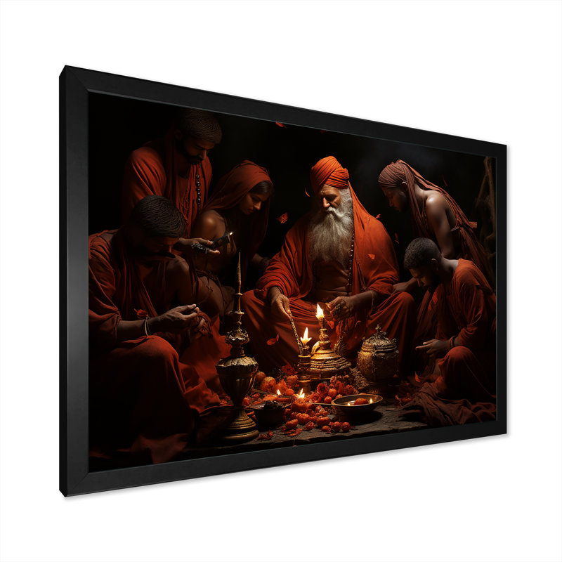 Rituels de l'hindouisme résonnant sur bois de rose sur toile, Cadre simple noir, H 16 po x l 32 po x P 1 po