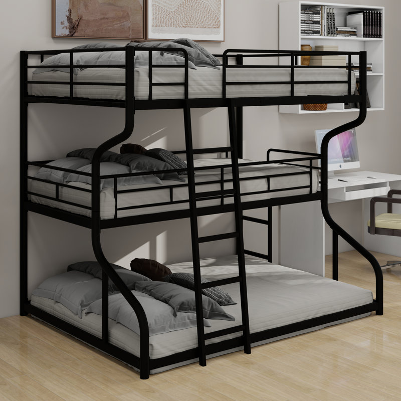 Full XL Over Twin XL Over Queen Size Triple Bunk Bed With Long And Short Ladder,Metal Bed Frame W/Safety Guardrail,For Apartment,Bedroom,Guest Room