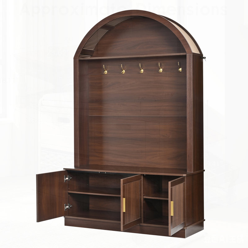 Farmhouse Fabric Arched Top Hall Tree with 5 Metal Hooks, All-in-One Mudroom Furniture with Adjustable Shelves, Mid-Century Fluted Door Entryway Bench