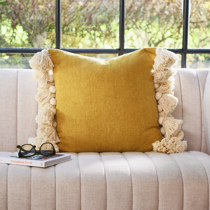 Mustard Cotton Chenille Square Throw Pillow with Tassels