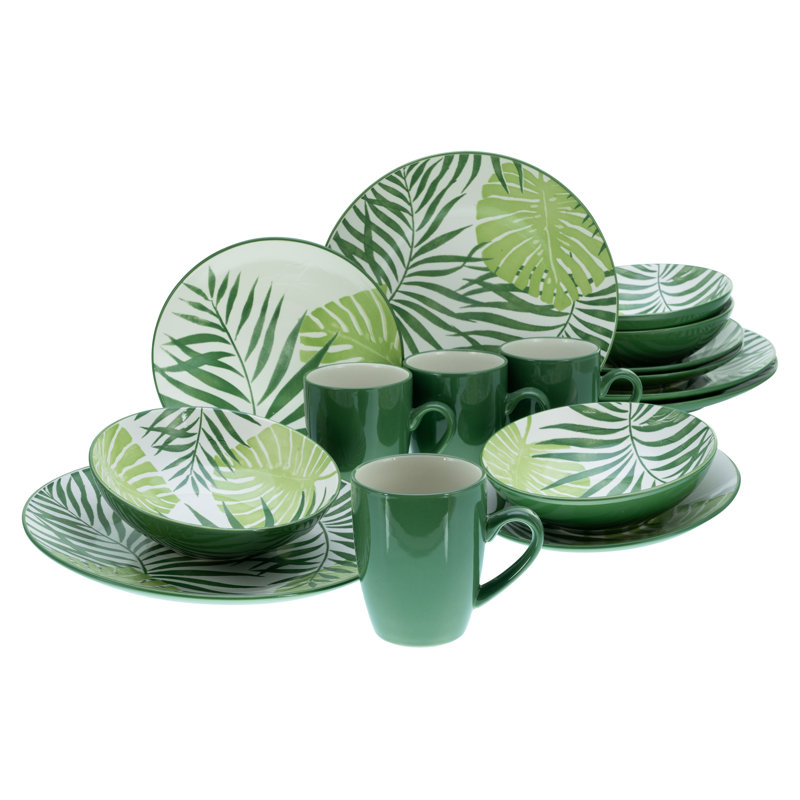 TROPICANA Stoneware Dinnerware Set 16 Piece - Service for 4, White/Green