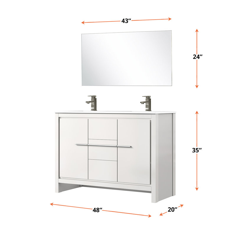 48" X 20.27" White Bath Vanity With Quartz Countertop, Metal Faucet And 43 In. Mirror - Scratch Stain Protected Surface 20" Top, Included Stain-