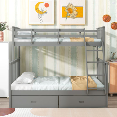 Twin Over Full Bunk Bed With Storage Drawers, Wooden Bunk Bed With Ladder And Safety Guard Rails