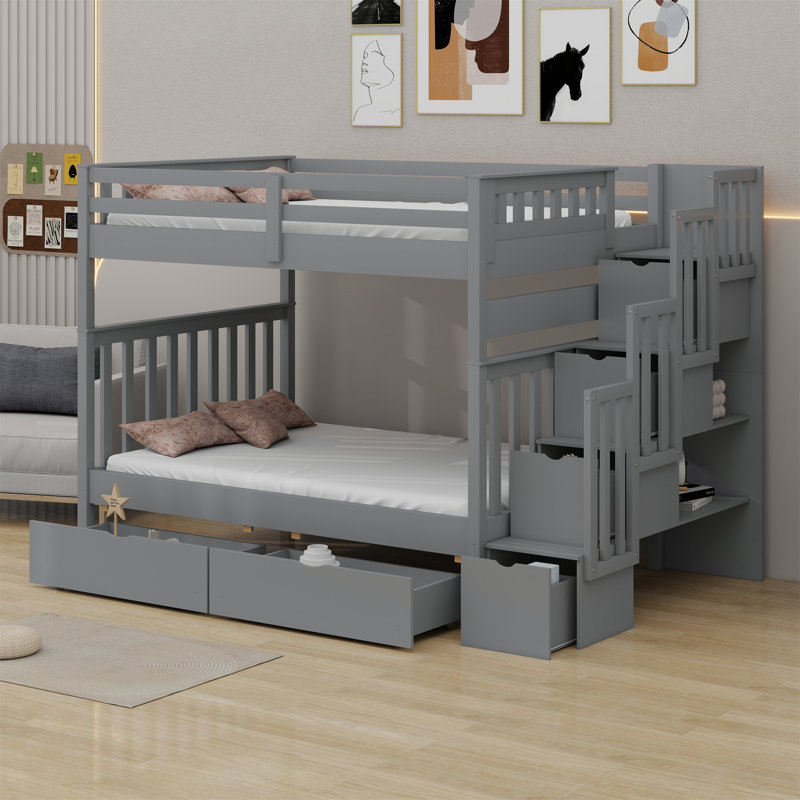 Lit superposé avec tablettes et tiroirs de rangement, Gris