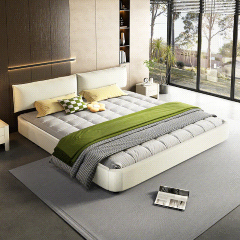 Lit plateforme en chenille avec tête de lit rembourrée et très grand lit, Beige / Blanc