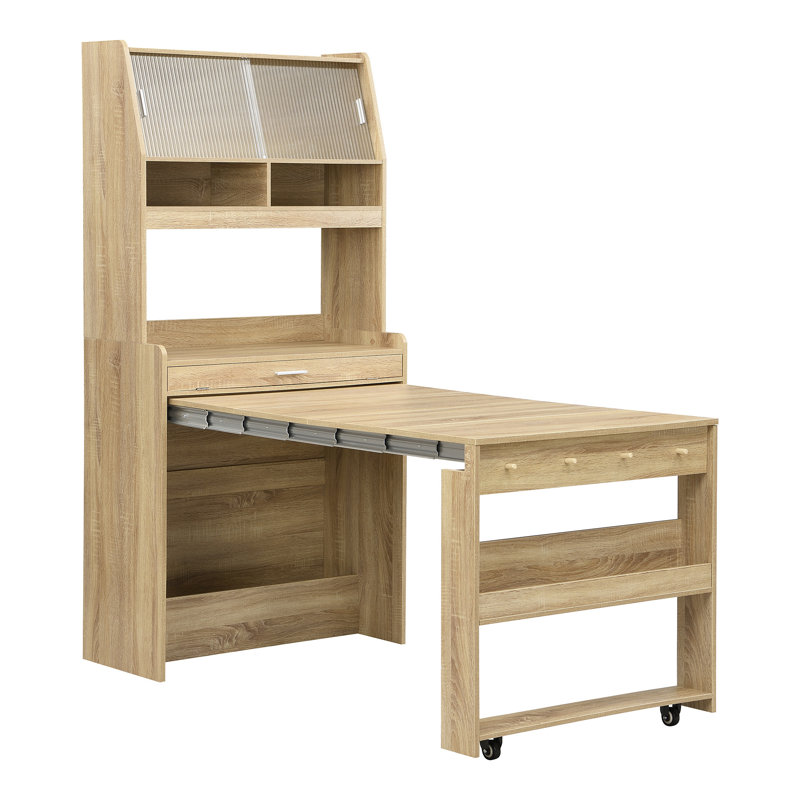 TOPMAX Compact 33.5X15.7X69inch Buffet With Hutch And Foldable Dining Table, Multifunctional Cupboard With Storage Shelf And Side Hooks For Small Places,Studio, Apartment, Natural Oak