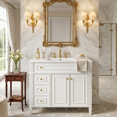 Meuble-lavabo autoportant moderne 36 po avec lavabo en céramique, armoire en bois massif avec tiroir rabattable et support de porte intégré, quincaillerie dorée (blanc / vert)