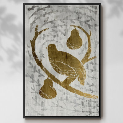 Perdrix dans un poirier - feuille d'or des Fêtes encadrée sur toile
