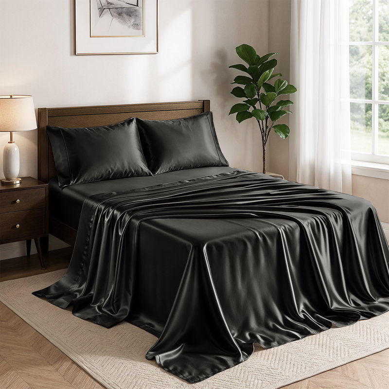 Drap-housse luxueux 4 pièces Lux Satin, Ensemble de draps pour très grand lit avec 2 taie, Noir