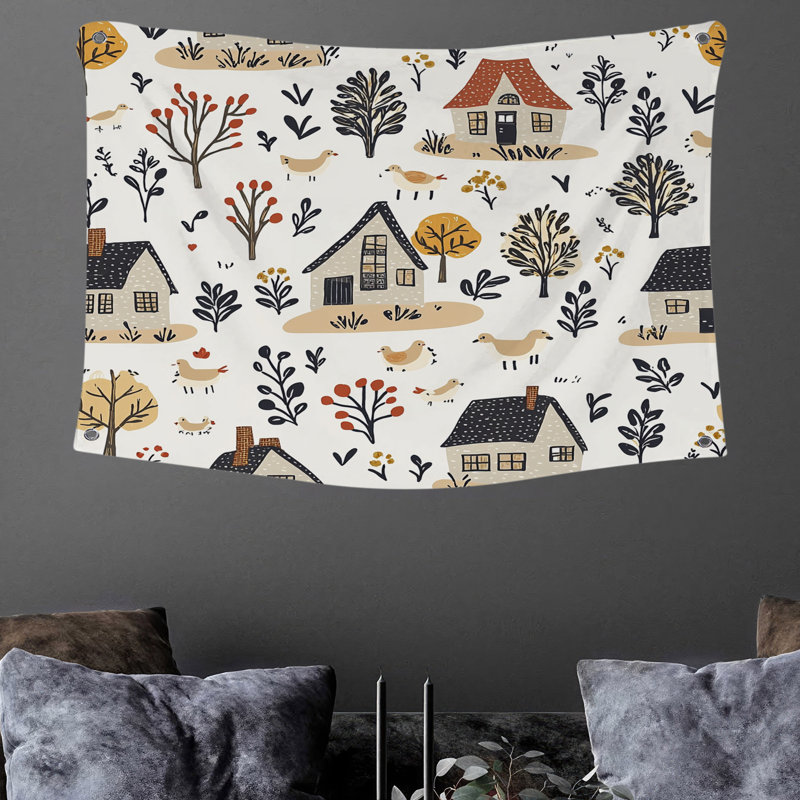 Tapisserie murale «Village» - décor mural paysage, H 50 po x l 60 po