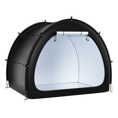 Ventilateur de tente de rangement pour vélo d'extérieur - en forme imperméable pour 4 à 5 vélos avec double revêtement, tissu enduit argent 210D, conception arquée, structure en fibre de verre renforcée, stabilisation triangulaire en plusieurs points