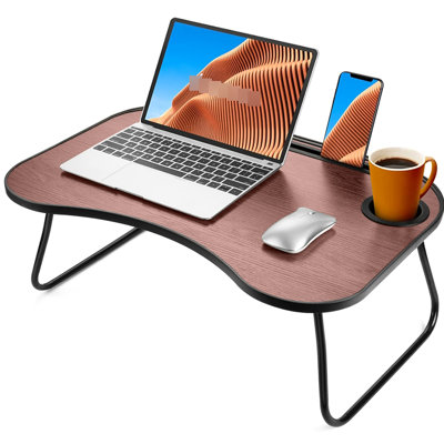 Wood Lap Desk, Portable And Foldable, Featuring Cup Groove Smooth Surface, For Multiple Uses On Couch During Long Car Rides With Ideal Relaxed Work In Backyard