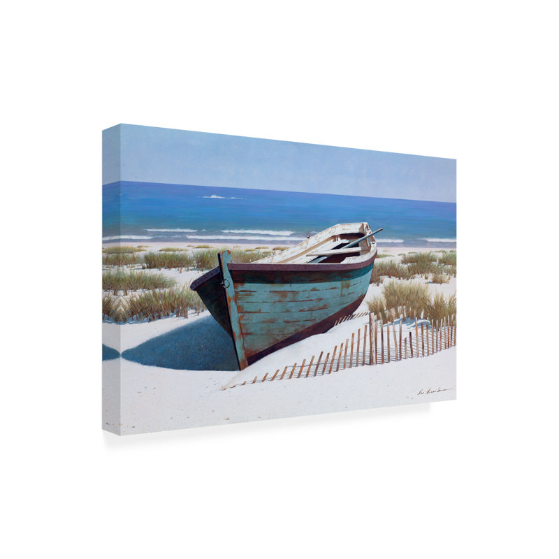 «Blue Boat on Beach» par Zhen Huan Lu - photographie sur toile tendue, H 12 po x l 19 po x P 2 po
