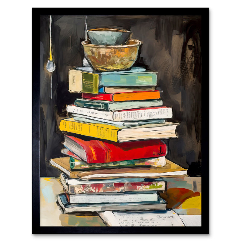 Rossleigh A Stack Of Recipe Cookbooks With Bowls On Top - Single Picture Frame Print