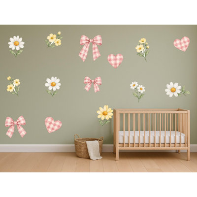 Gingham And Daisy Wall Decals, Set of 14 Peel and Stick Nursery Wall Stickers, Satin Finish Removable Kids Room Wall Art, 20"W x 20"H (50 x 50 cm)