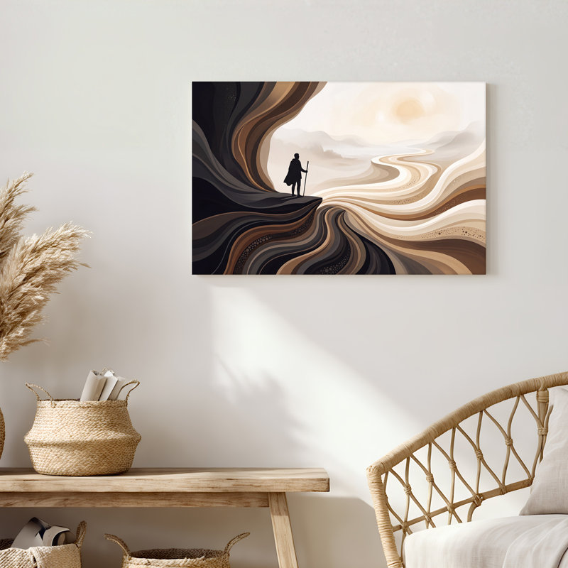 Silhouette Traveler On Swirling Earth Tones Landscape Canvas Wall Art, 24"H x 36"W