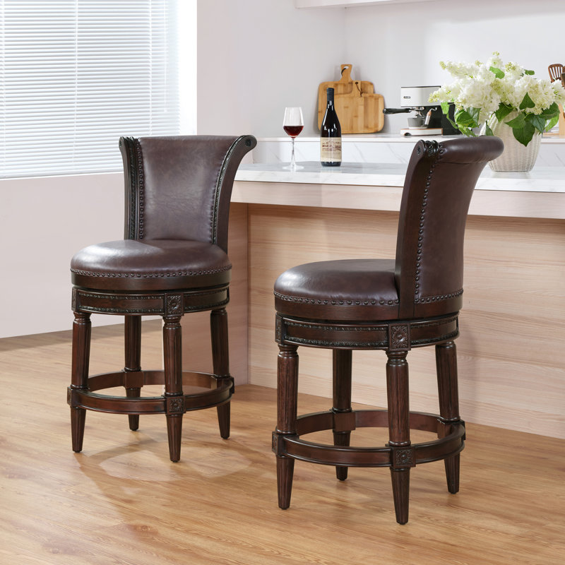 Elveria Classic Upholstered Bar Stools With Wooden Frame And Nailhead Trim, 2, Dark Walnut, Brown