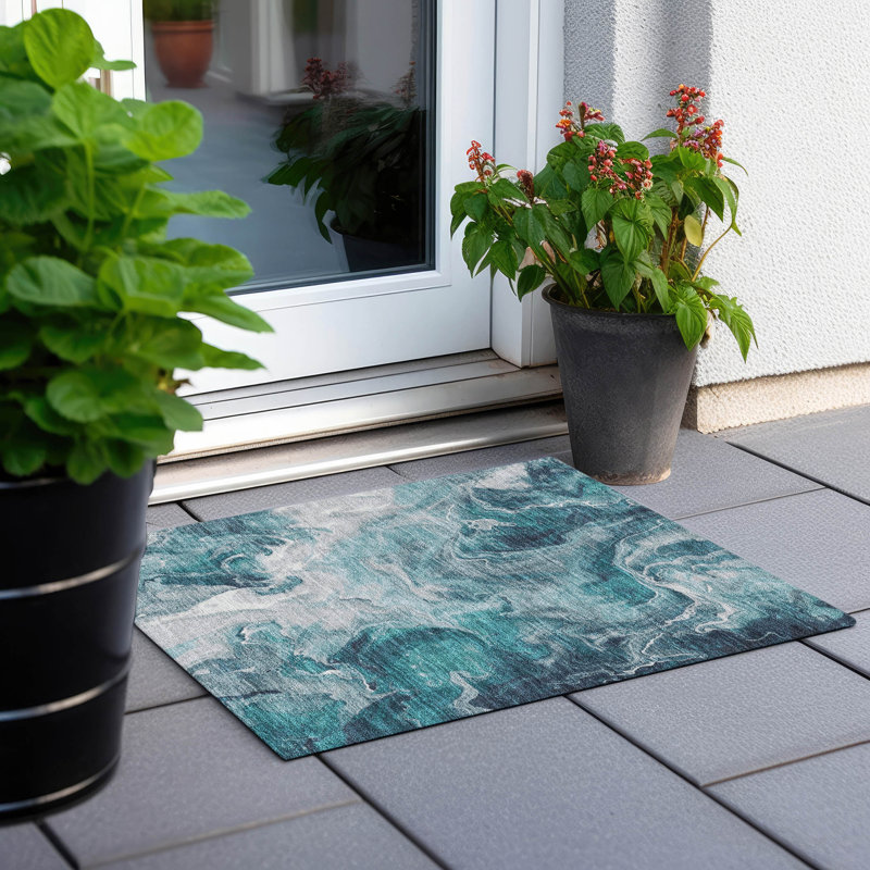 Tapis bleu sarcelle lavable à la machine intérieur / extérieur Cinead ACN1687, Rectangle 1 pi 8 po x 2 pi 6 po