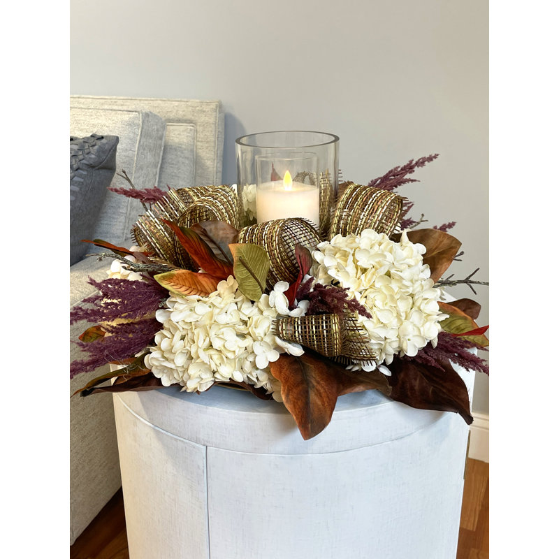 Fall Candleholder Centerpiece with Hydrangeas and Thistle