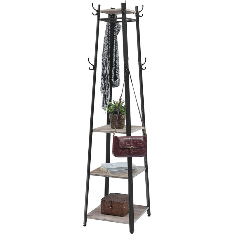 Coat Rack, Coat Stand With 3 Shelves, Hall Tree Free Standing With Hooks For Scarves, Bags, Umbrellas, Steel Frame, Industrial Style, For Entryway, Living Room, Rustic Brown And Black ULCR80X
