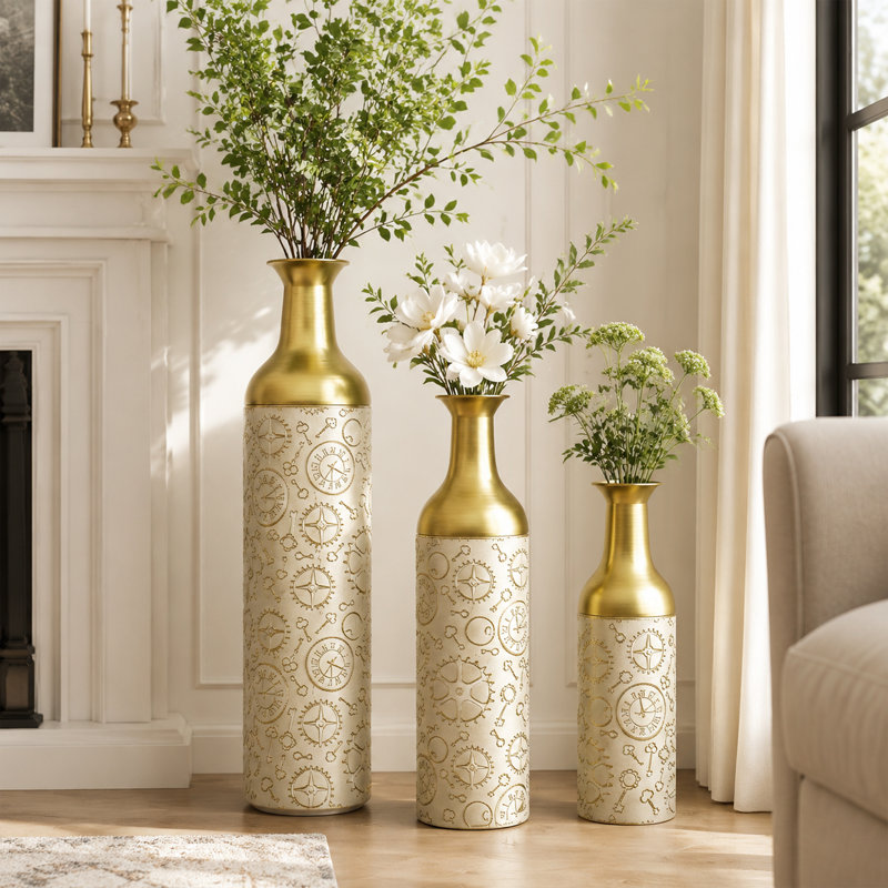 Ensemble de 3 vases de plancher en métal blanc et or avec plateau amovible Steampunk, Or / blanc - mécanique rétro