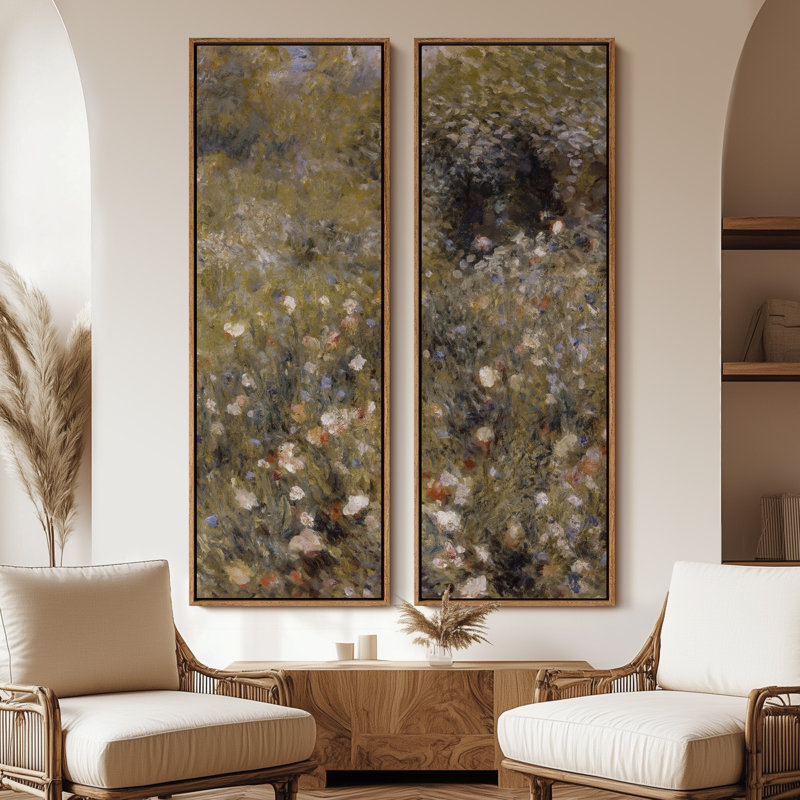 Vintage Floral and Landscape Wall Art - 20x60 inches Framed Canvas Set of 2, Natural
