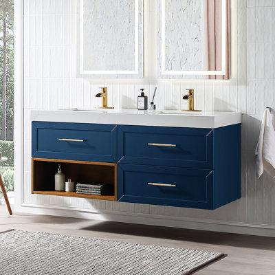 60" Wall Mounted Double Bathroom Vanity with Quartz Top