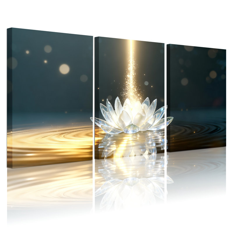 Ensemble de 3 tableaux muraux sur toile tendue représentant une fleur de lotus en cristal à la lumière dorée