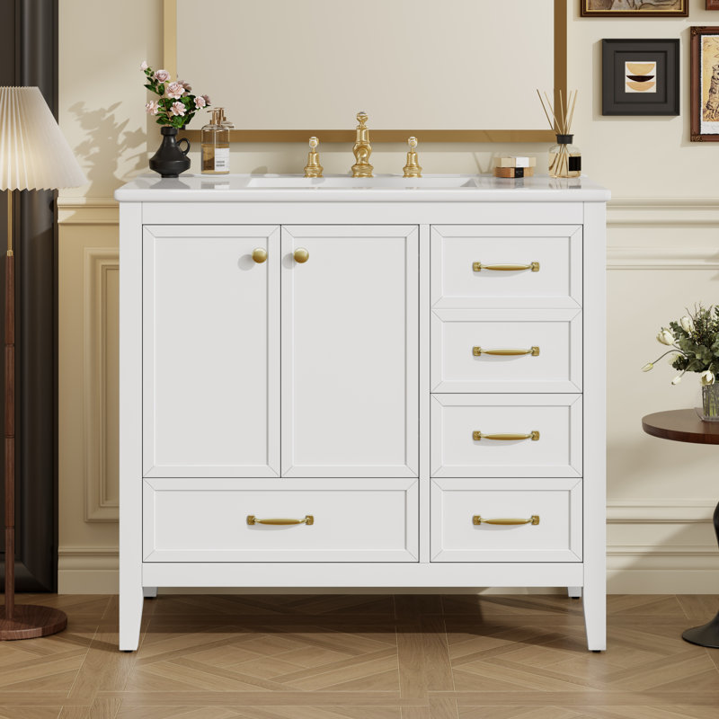 Bentlee 36" Bathroom Vanity With Ceramic Sink & 4 Drawers, White