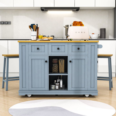 Kitchen Island Set with 2 Bar Stools, Integrated Power Outlets and Expandable Storage