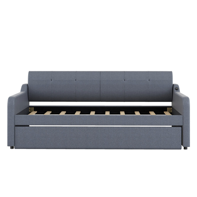 Upholstery Daybed With Trundle And USB Charging Design, Grey