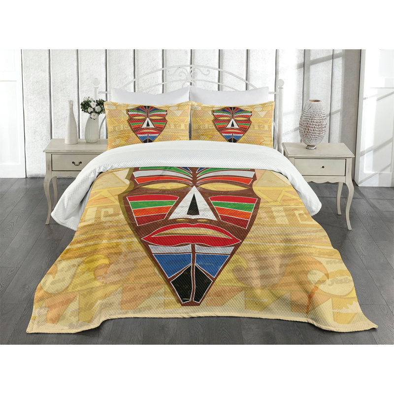 Ambesonne Tiki Bar Bedspread Set Prehistoric Multicolor, King Bedspread + 2 Standard Shams