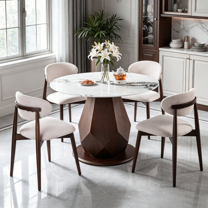 44.88"W Modern Engineered Stone Round Dining Table For 4-6 With Pedestal Base