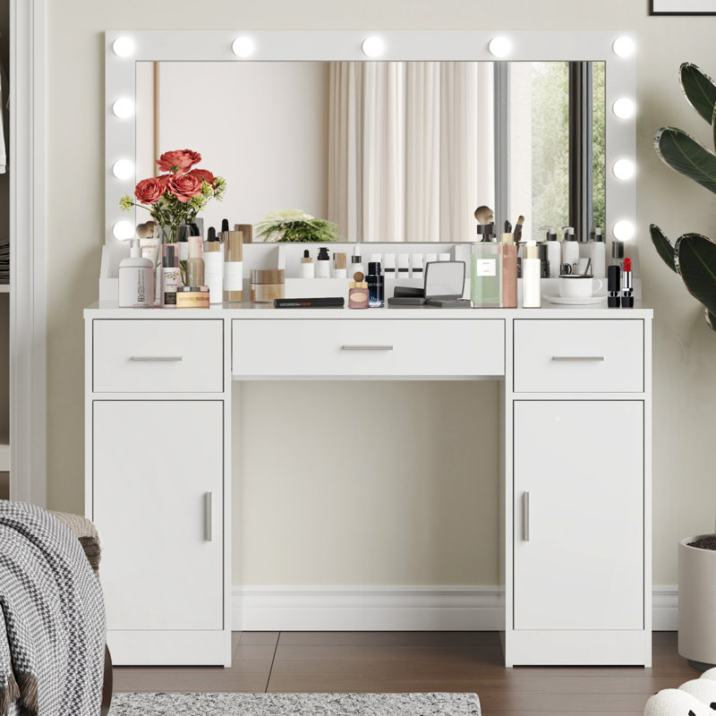 Bureau de coiffeuse 47,2 po avec grand miroir, 3 modes d'éclairage couleur, luminosité réglable, commode avec 3 tiroirs et 2 armoires verticales, coiffeuse pour femmes et filles