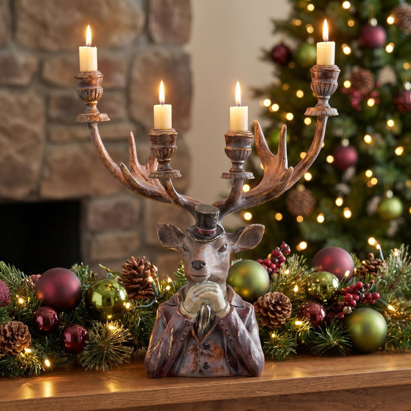16.5" Resin Gentlemen Deer Candle Holder
