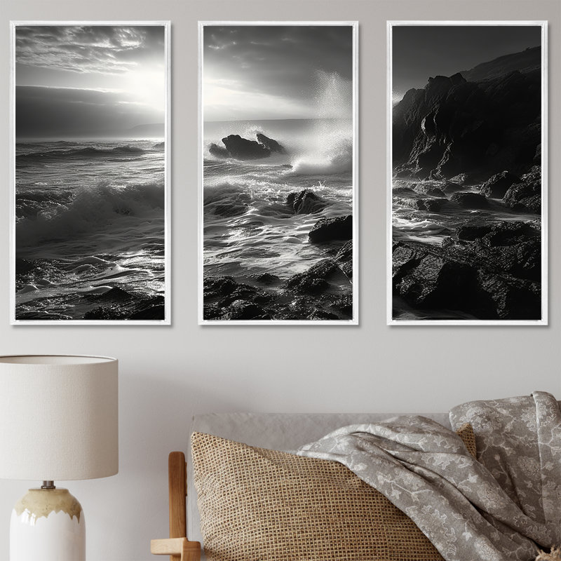 «Rocky Beach Scenery», ensemble d'art mural sur toile océan, Cadre flottant blanc, H 32 po x l 48 po x P 1 po