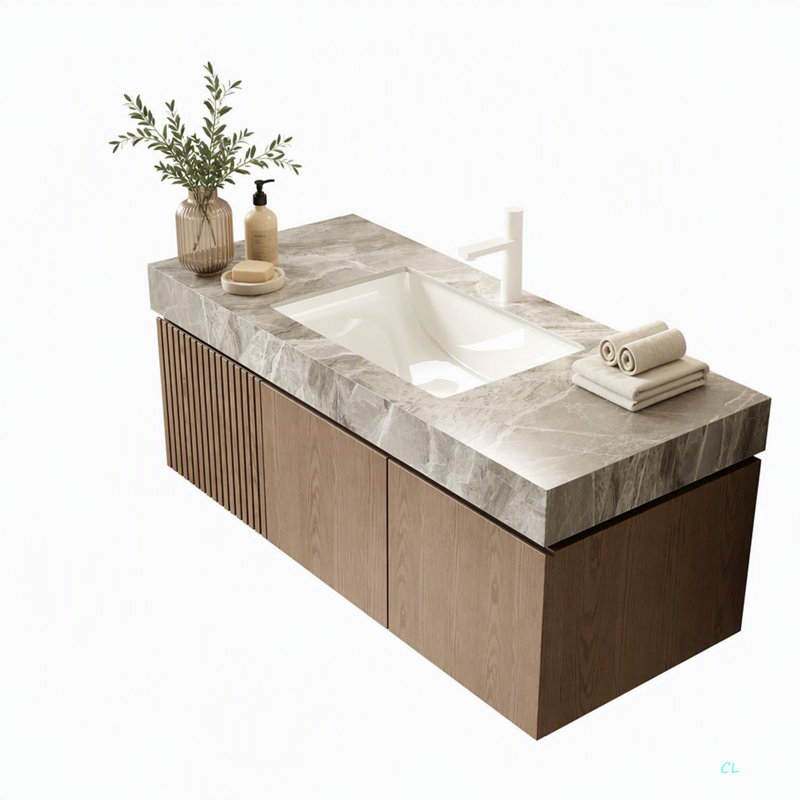 Meuble en contreplaqué de 122 cm (48 po) avec portes doubles et un tiroir, sans lavabo ni comptoir, sans robinet ni couvercle d'évier.