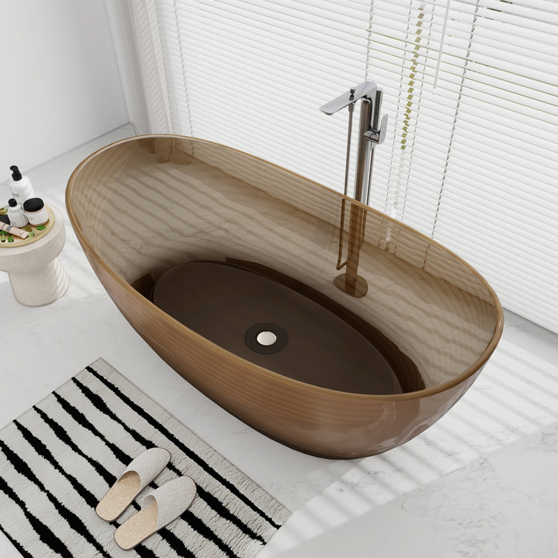 65'' X 33'' Freestanding Soaking Solid Surface Bathtub, Transparent Sepia